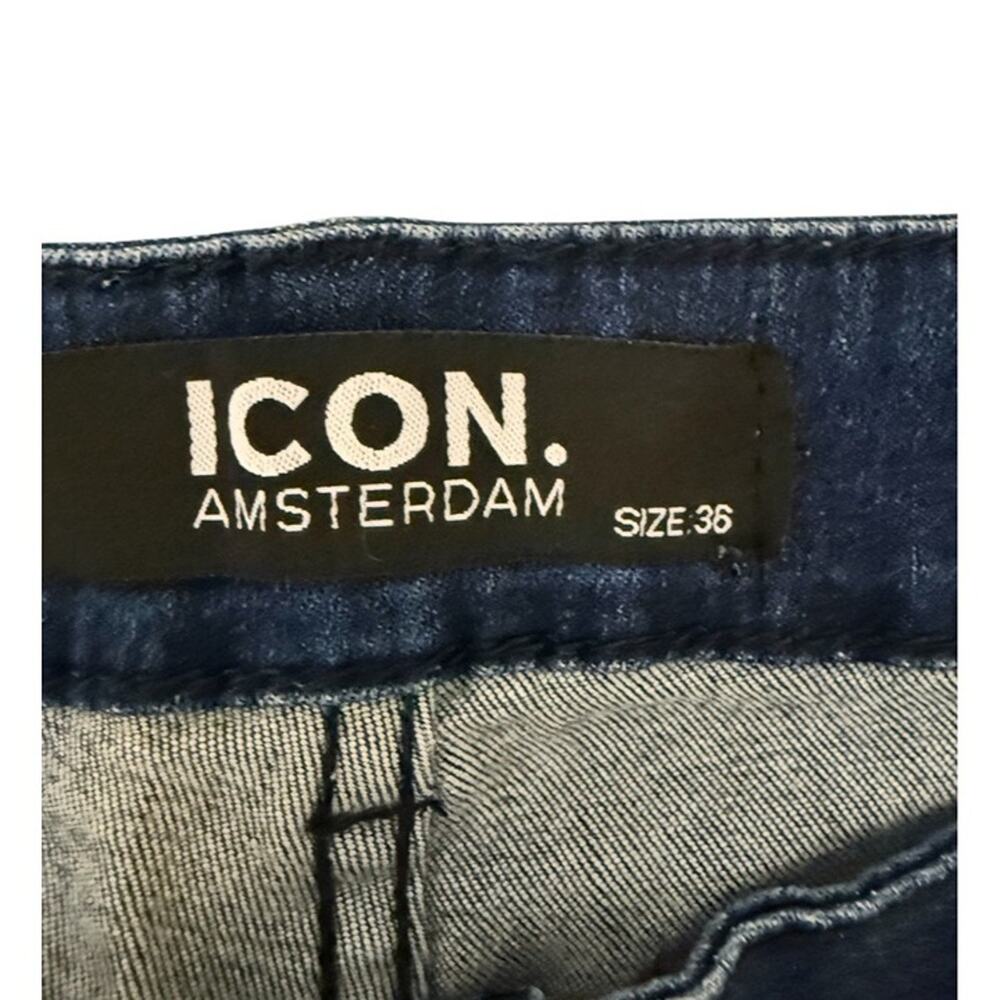 ICON Amsterdam Men Slim Fit Blue Denim Jeans Red & Black Side Stripes 36 - Picture 3 of 8